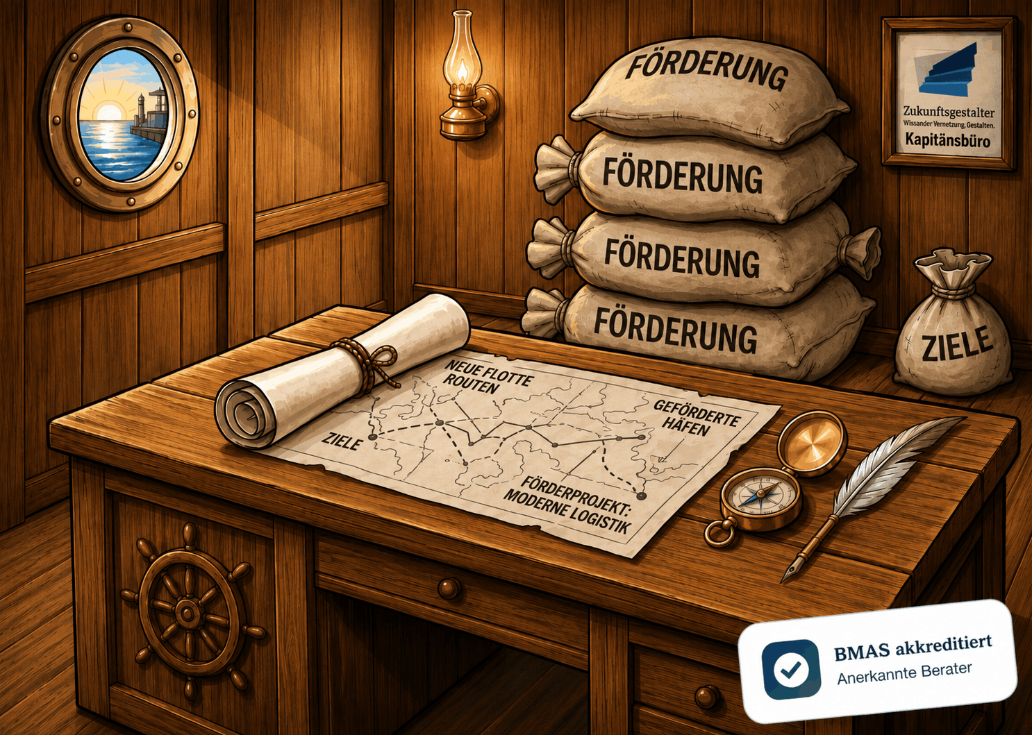 Kapitänsbüro mit Fördermittel-Säcken und Seekarte.