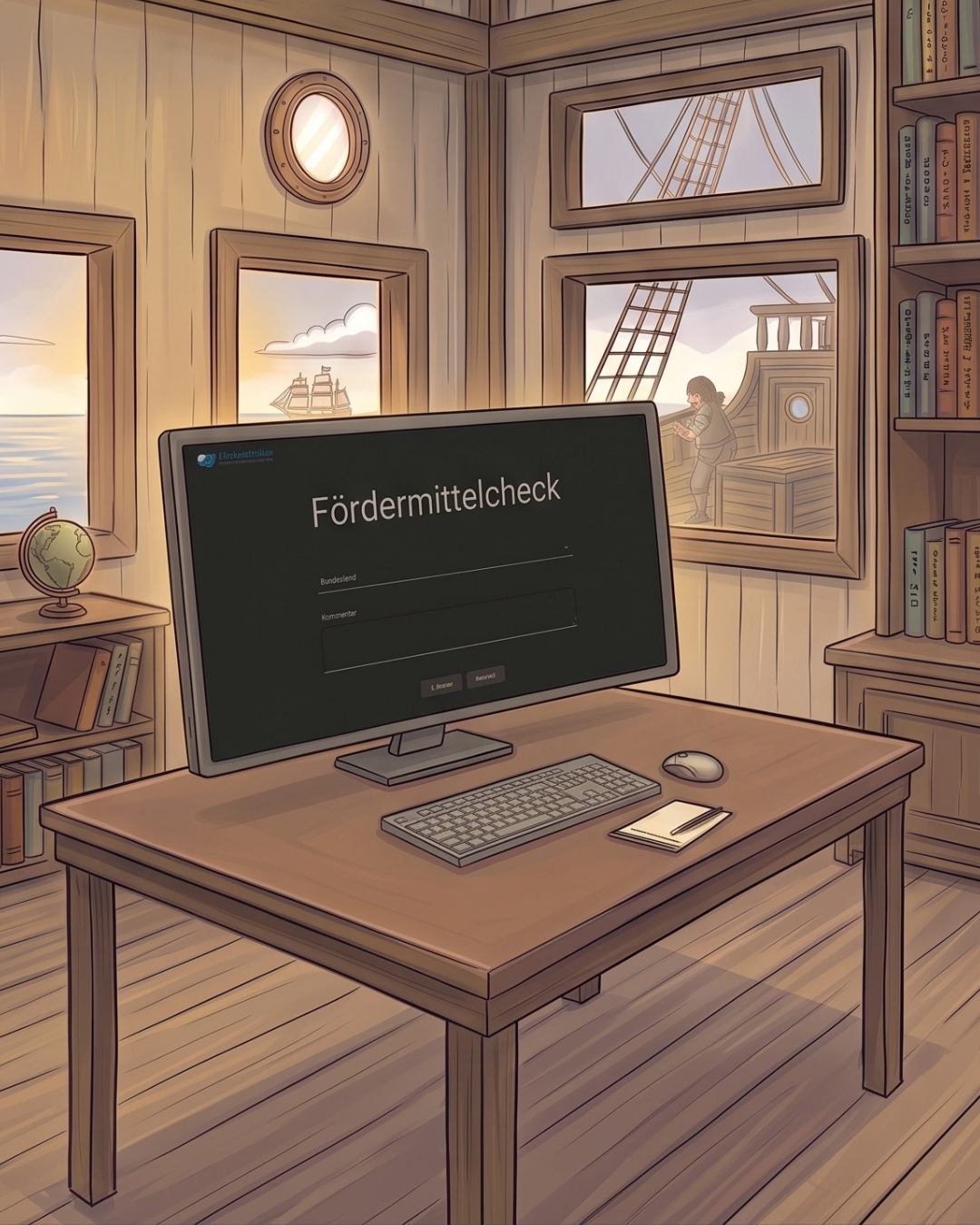 Illustration: Computer mit Fördermittelcheck in einer Schiffskajüte